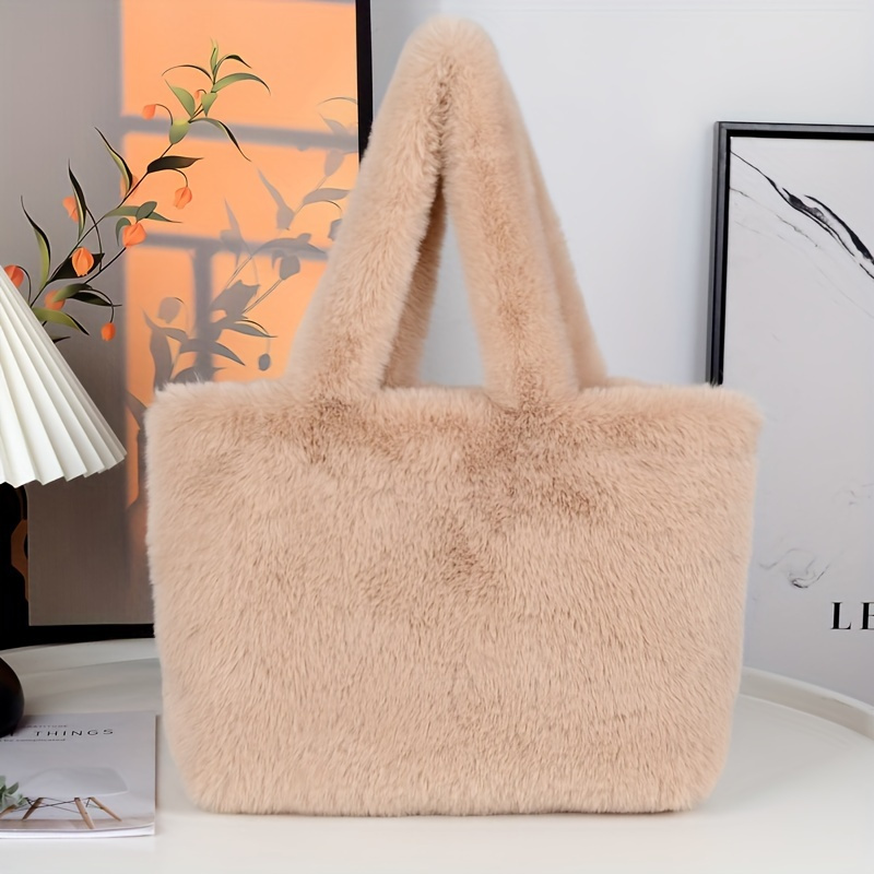 1pc Fashion Women's Large Capacity Faux Fur Handbag With Makeup Pouch