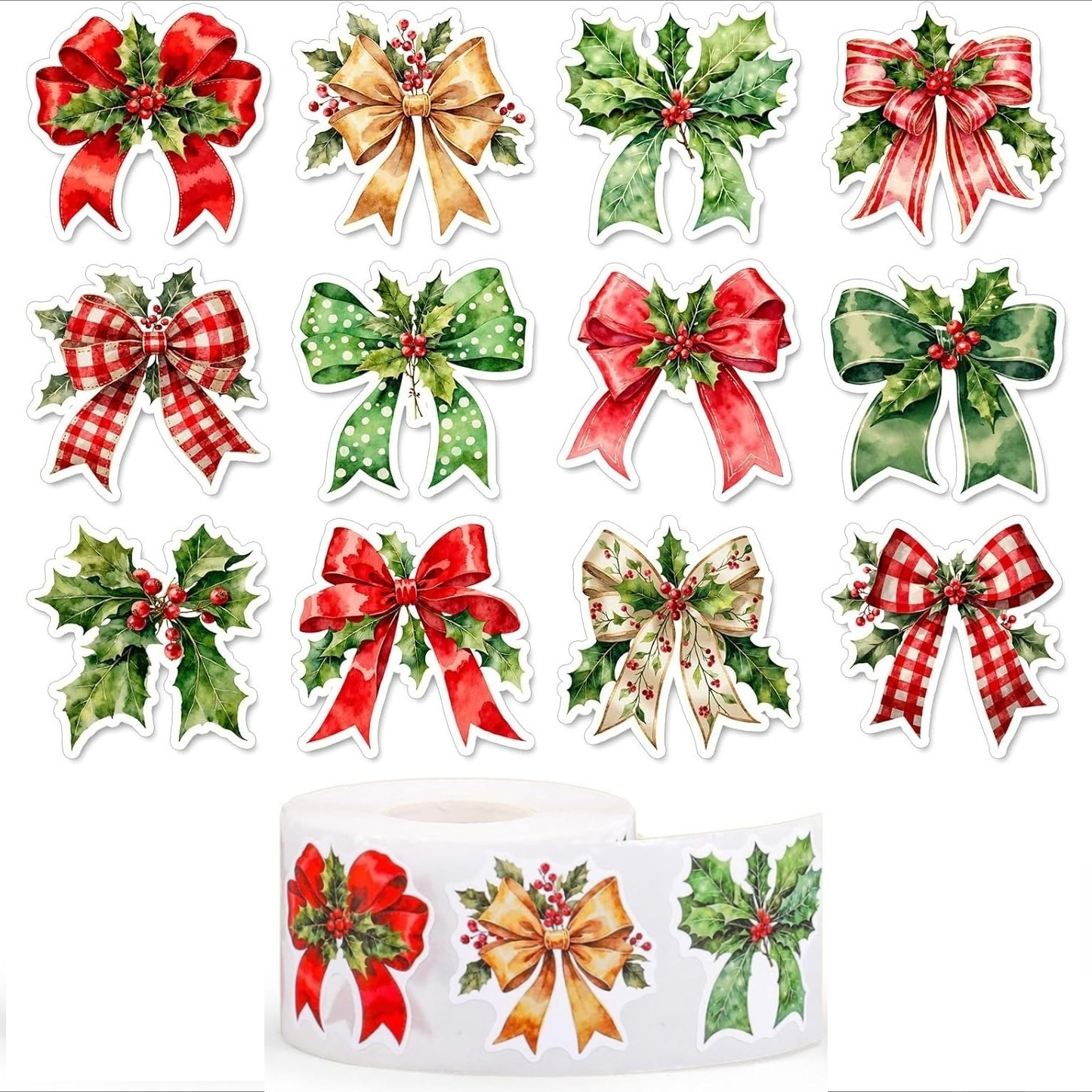 TEMU 510pcs Christmas Bow Stickers Roll Xmas Bowknot Self-adhesive Decals For Journal Envelope Holiday Decor, 12 Designs