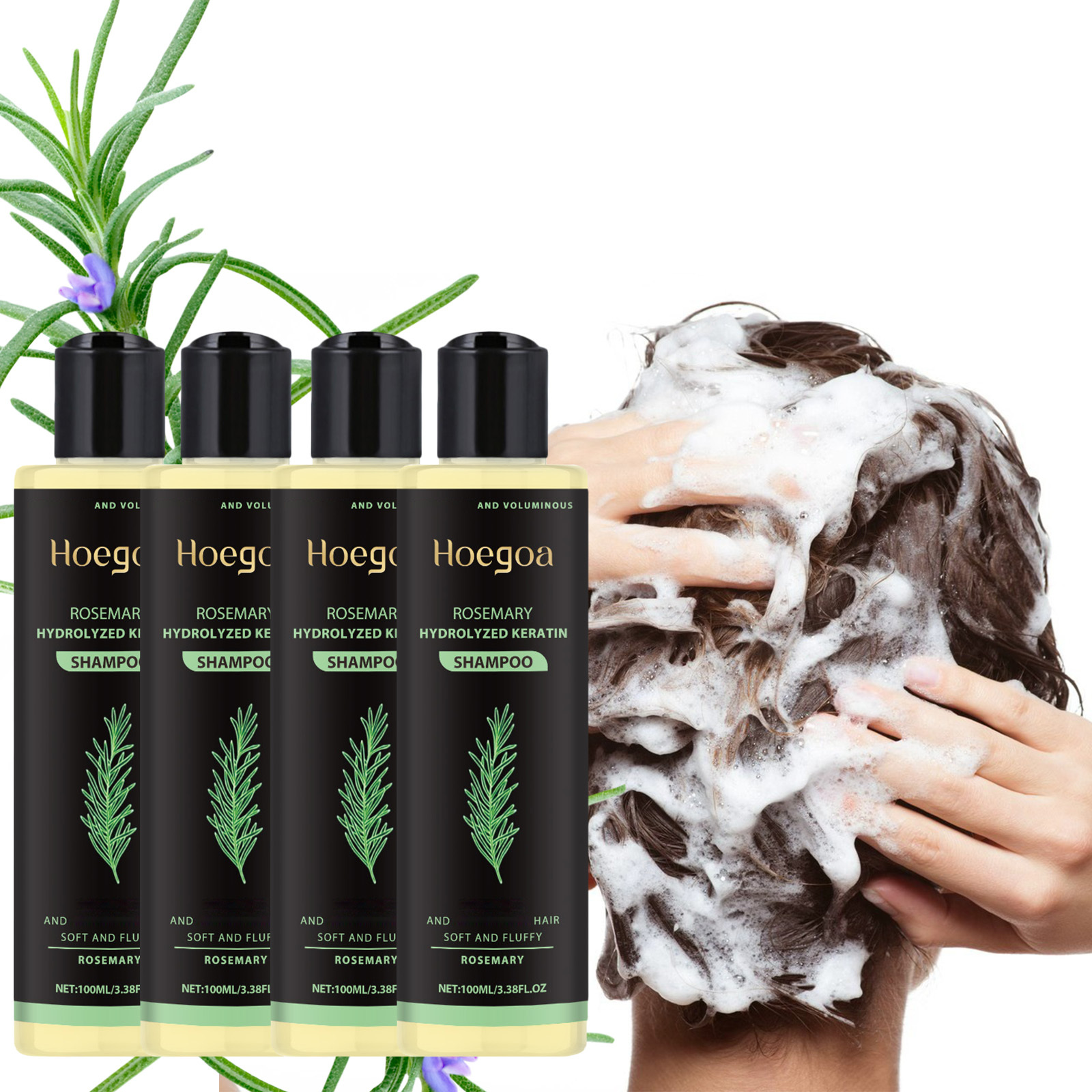 4pcs - Rosemary Thickening Shampoo, Cleanses And Strengthens Fragile, Easily Breakable Hair, Contains Rosemary Extract And Vitamin E, Deeply Cleanses While Gently Moisturizing with Rich Herbal Essence Shampoo, Suitable for All Hair Types