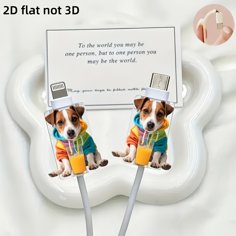 TEMU Piatto 2D, Piatto 2D, 2 pezzi, Protezione per cavo con cucciolo che indossa una felpa con cappuccio colorata e beve , Protezione antigraffio per