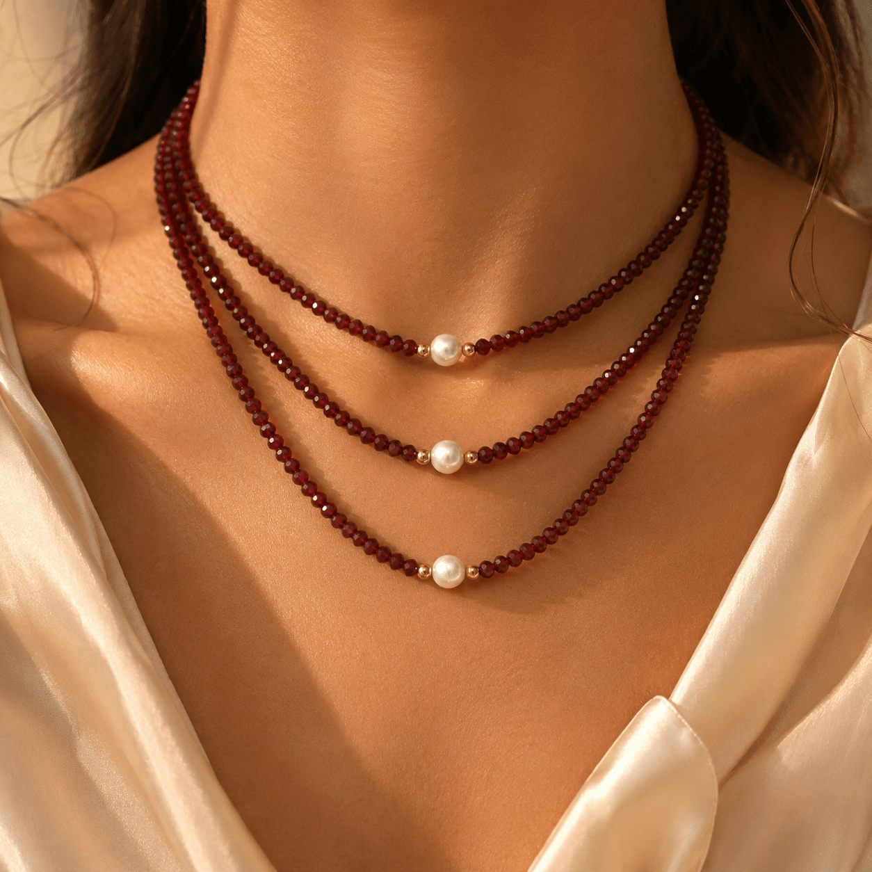 TEMU 3pcs Women's Wine Red Beaded Adjustable Necklace, For Daily Wear, Vacation, And Parties, Valentine's Day Gift, Birthday Gift