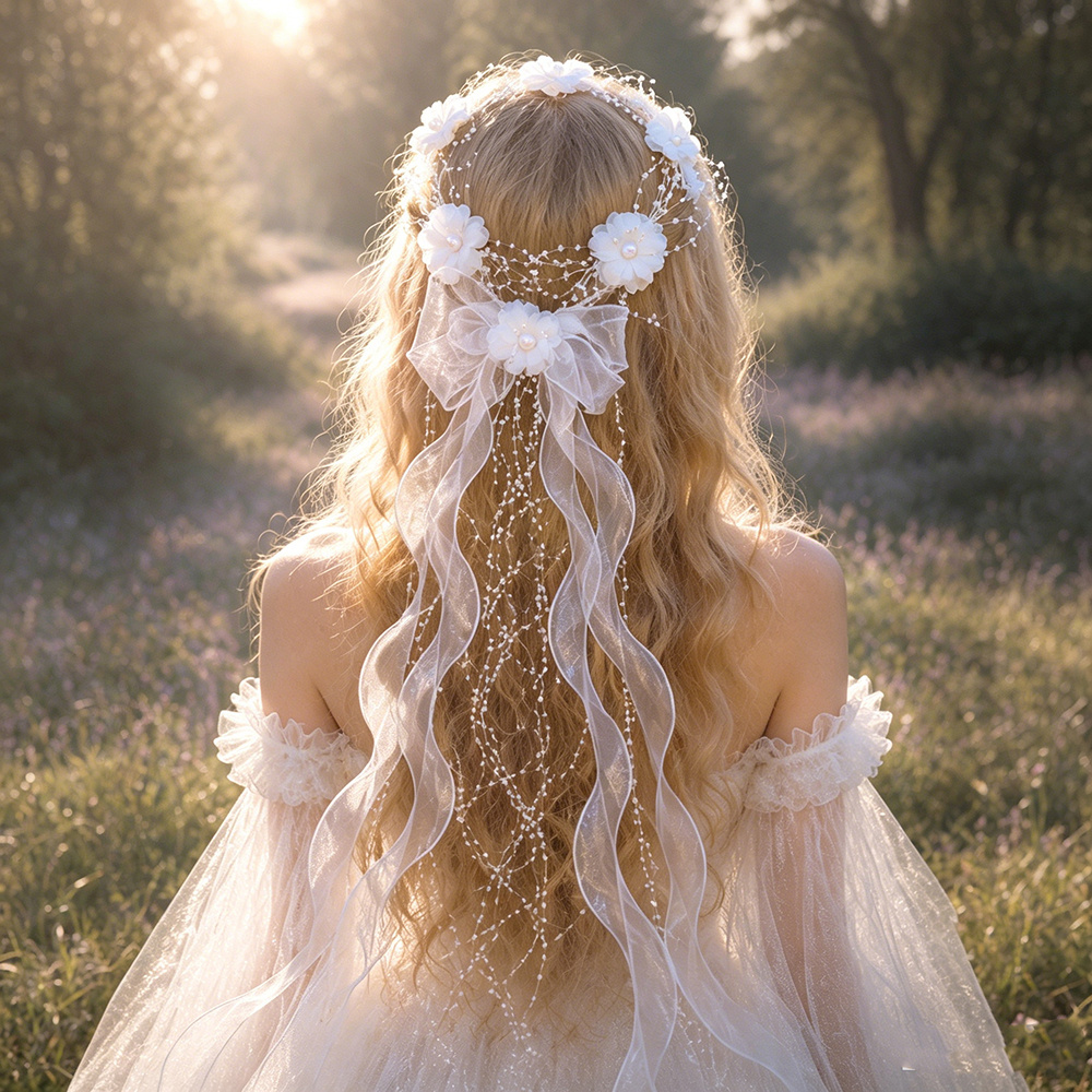 TEMU à cheveux éthérée à avec nœud et longues ficelles drapées, Serre-tête arrière de princesse fée pour femme, Accessoire de fête et de photo pour