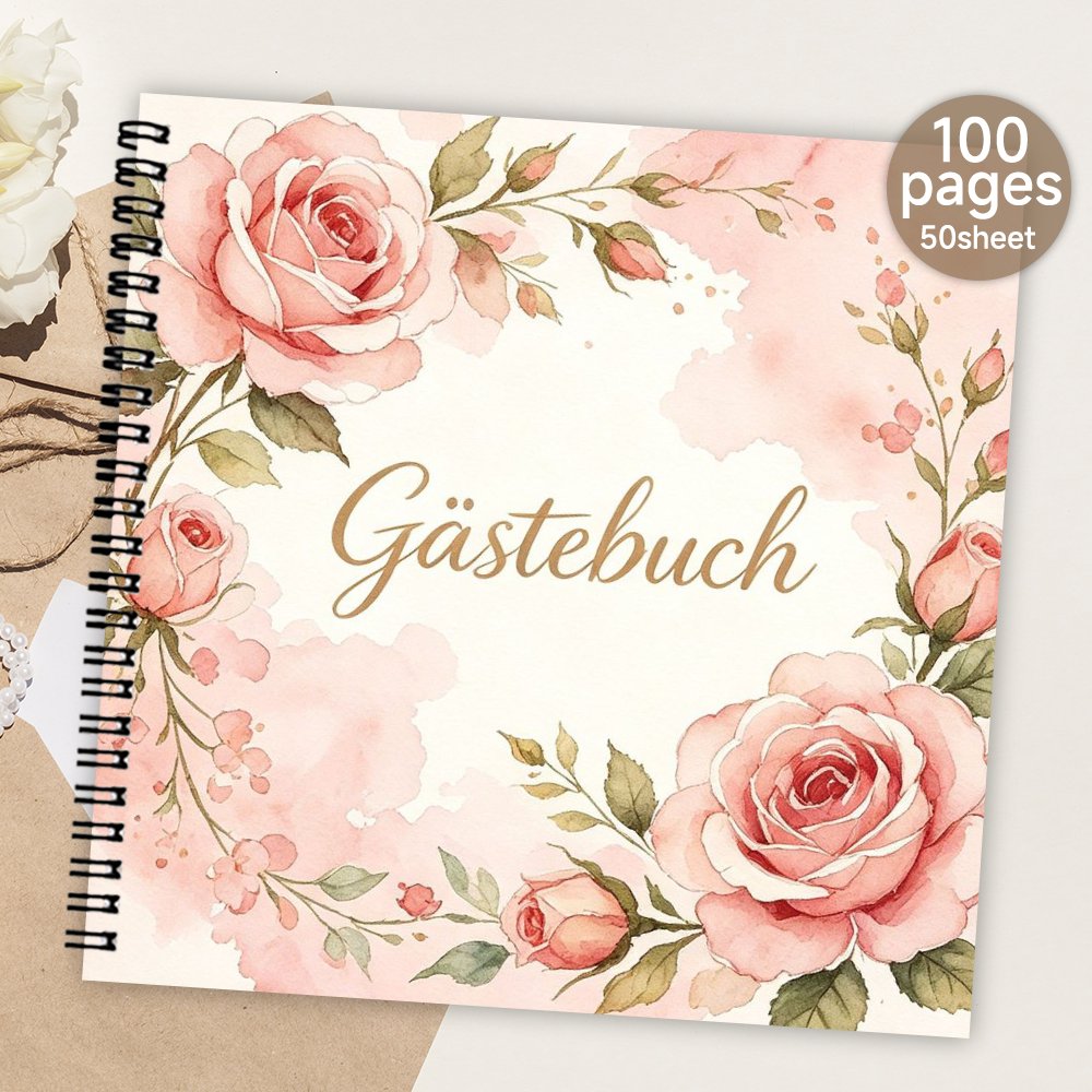 TEMU 1pc Spiral Guestbook, Blank Page Guest Book, Guest Book, Meaningful Gift & Souvenir Album For Family & , Watercolor Soft Pink Rose Floral Decor