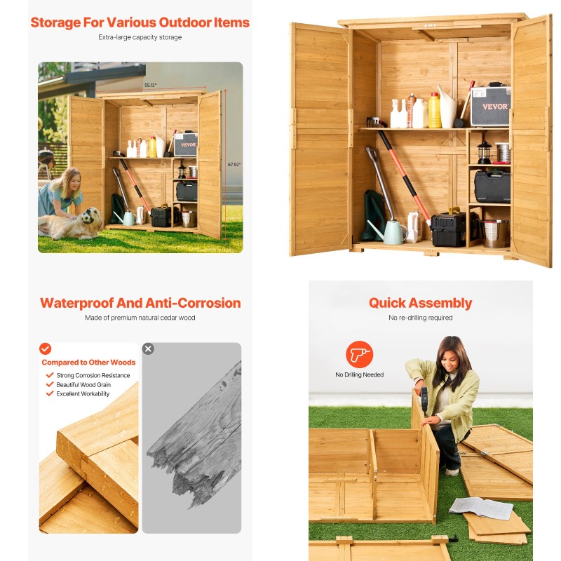 Outdoor Wooden Storage Shed Waterproof Garden Tool Metal Shed, 55x67.5 Inches, Rustresistant Construction