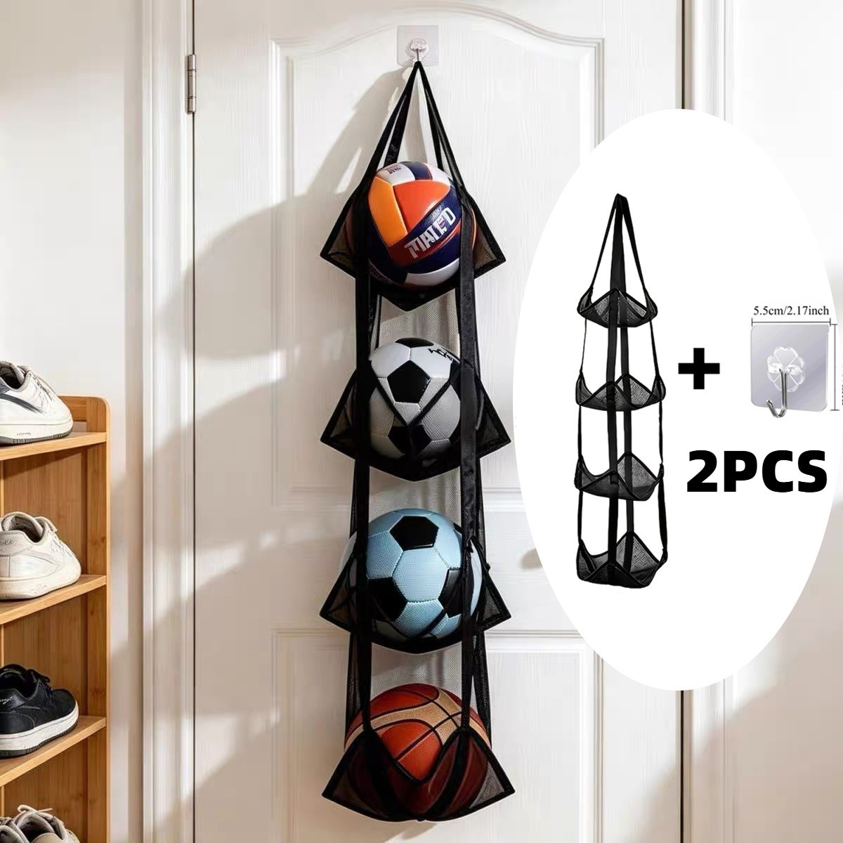 TEMU 2pcs Set: Hanging Bag + Hook. Wall-mounted Ball Storage Hanging Bag, Suitable For Types Of Balls. Made Of Tear-resistant Nylon Mesh, Durable And