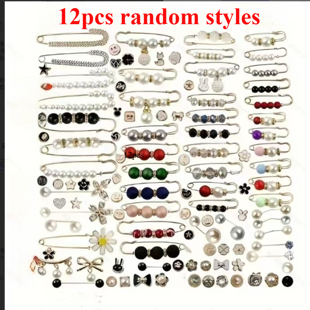 TEMU Random Style 12pcs Elegant Waist Pin Brooch Set, Suitable For Women - Fixing Clothing And Skirt Hem, Tightening Waist, Waist-cinching Belt,