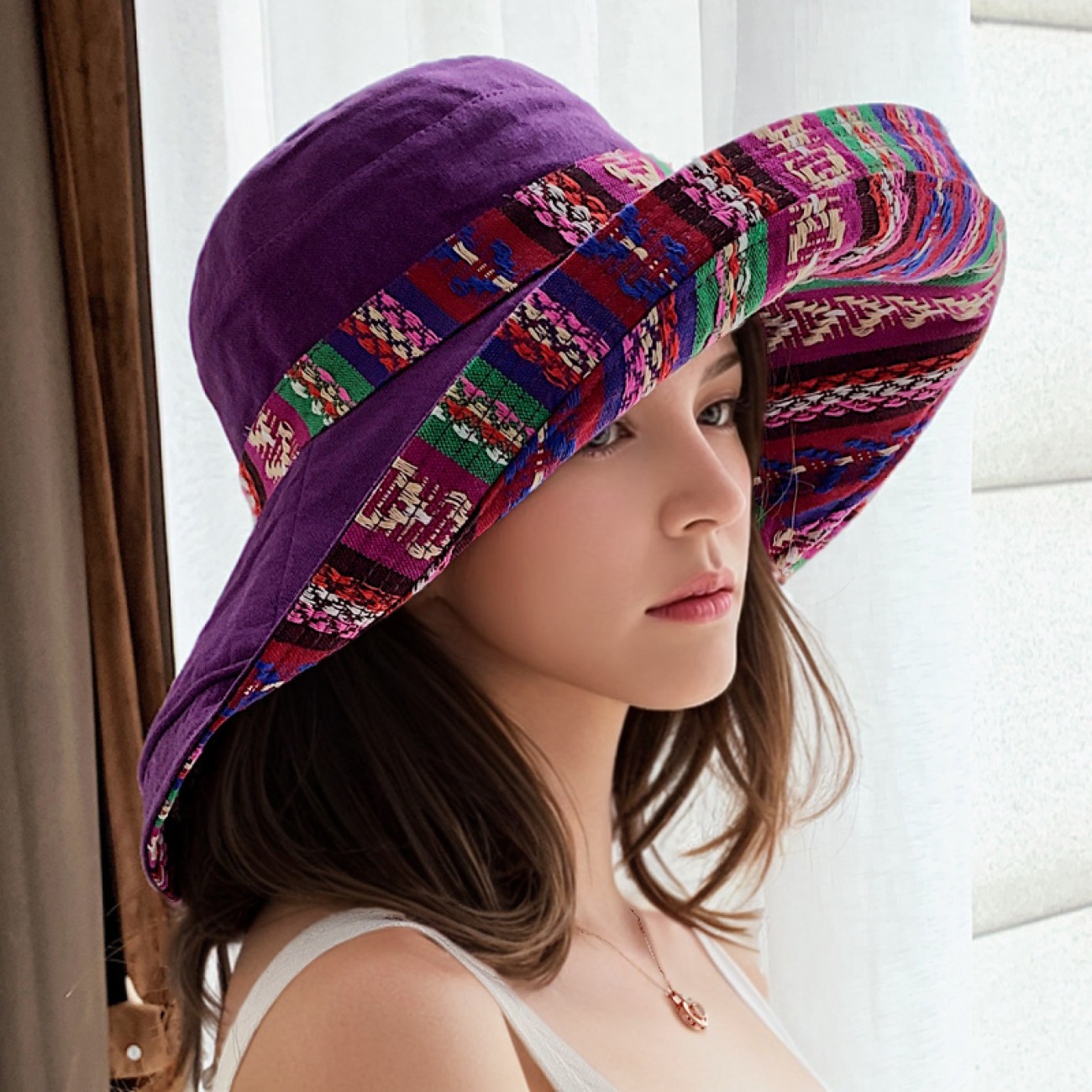 Fashion Bohemian Reversible Bucket Hat for Women Wide Brim Sun Hat Beach Travel Foldable