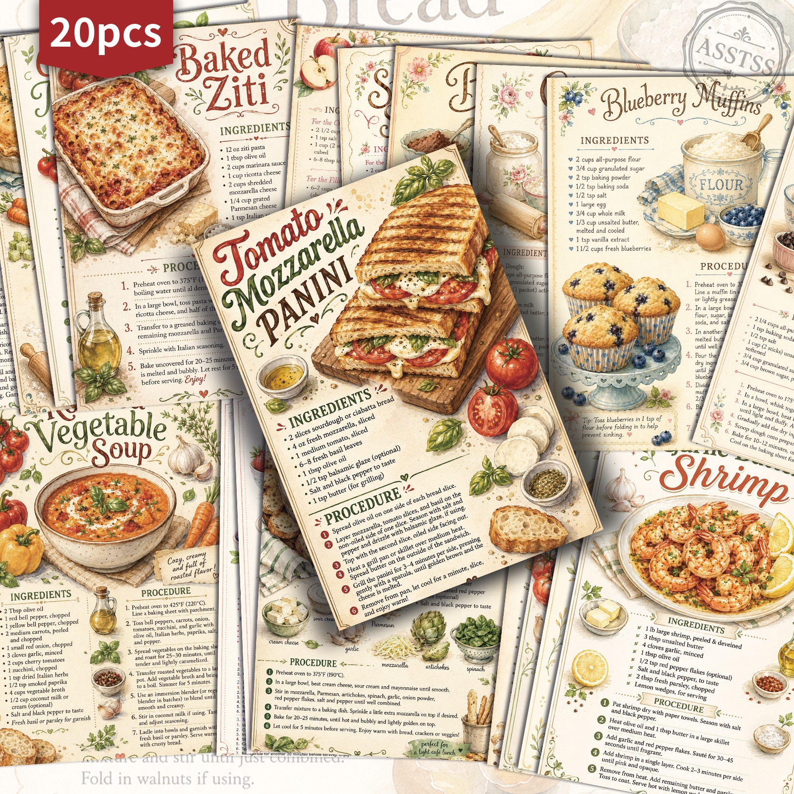 TEMU 20-pack Asstss Vintage Food Recipes Postcards - 4x6 Inches Retro Junk Journal Supplies, Classic Pinup Illustrations Collectible Decorative