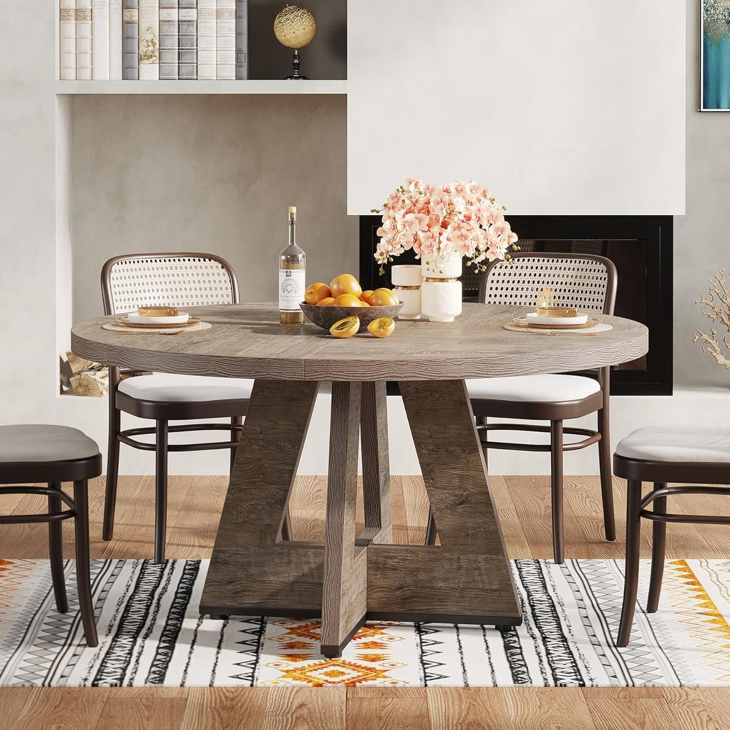 Image of 47-inch Round Dining Table Suitable For 4 With Pedestal Base & Wood Top - Style Grey Kitchen Table For Dining Room, Living Room, Assembly, Space- Circle Table For Meals