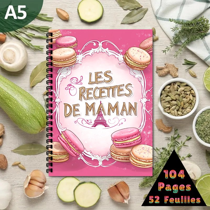 TEMU 1 livre de recettes | Cahier à spirale A5 pour collection de recettes, idéal pour hommes et femmes, avec motif macarons, bordure florale rose et