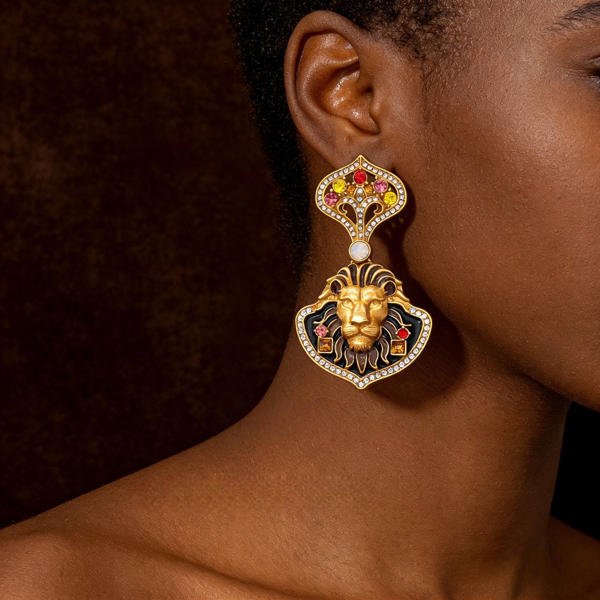 3D Lion Head Enamel Regal-Style Heavyweight Earrings