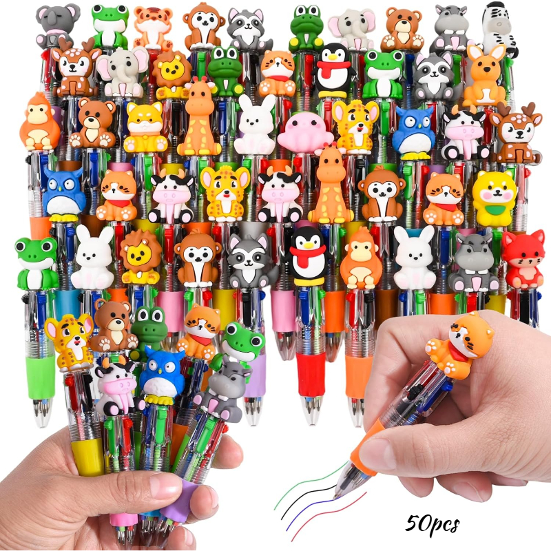 Image of 50 Random Animal Four-color Ballpoint Pens, Colored Animal Shaped Pens, , Cows, , Elephants, Tigers, , Frogs, And Other Animal Shaped Party Gifts Suitable For Offices And Schools