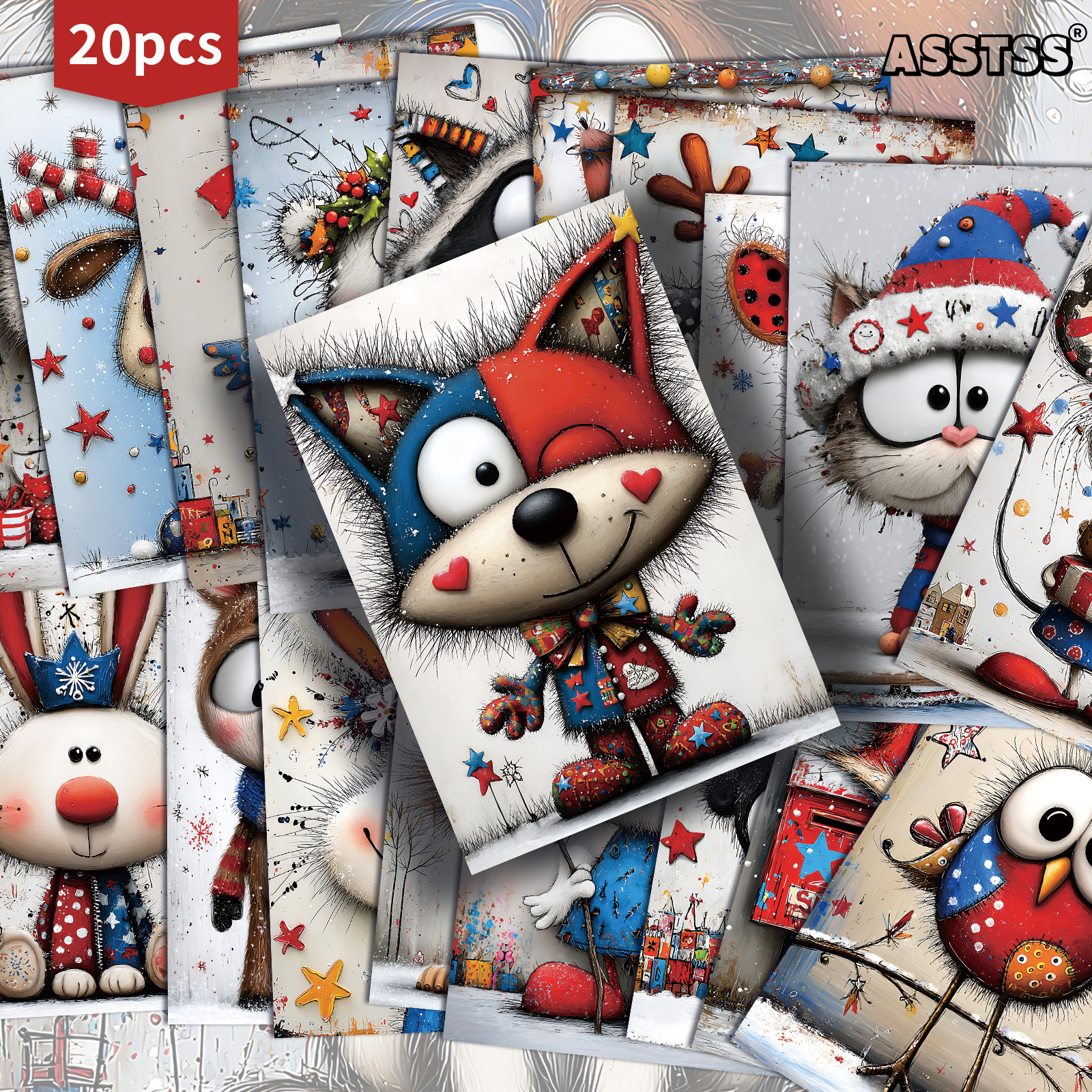TEMU Set Of 20 Assorted Cartoon Animal-themed Christmas Gift Cards Featuring Blue And And Rabbits, Measuring 4x6 Inches. Retro-style Journal Papers