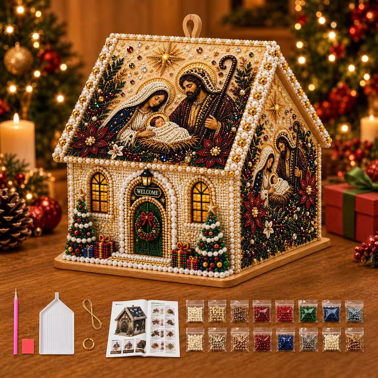 TEMU Kit de peinture diamant de Noël, puzzle 3D en bois de de la , kit de bricolage pour adultes, décorations de Noël chrétiennes , cadeau