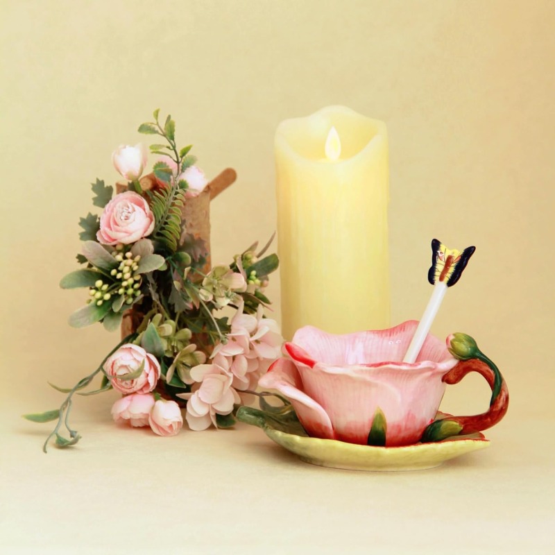 1pc elegant hand-painted ceramic tea cup and saucer set with   spoon - 6oz   & green leaf  , soft pastel colors (pink, green, yellow, brown) - hand-painted   ceramic mug for coffee, tea, hot/cold drinks - decorative gift for women, housewarming, birthday, wedding - dainty tableware for home decor, teacup set, porcelain tea cup, cups for tea, tea pot and cup set, english tea cup, housewarming present, vintageinspired decor Product details 1