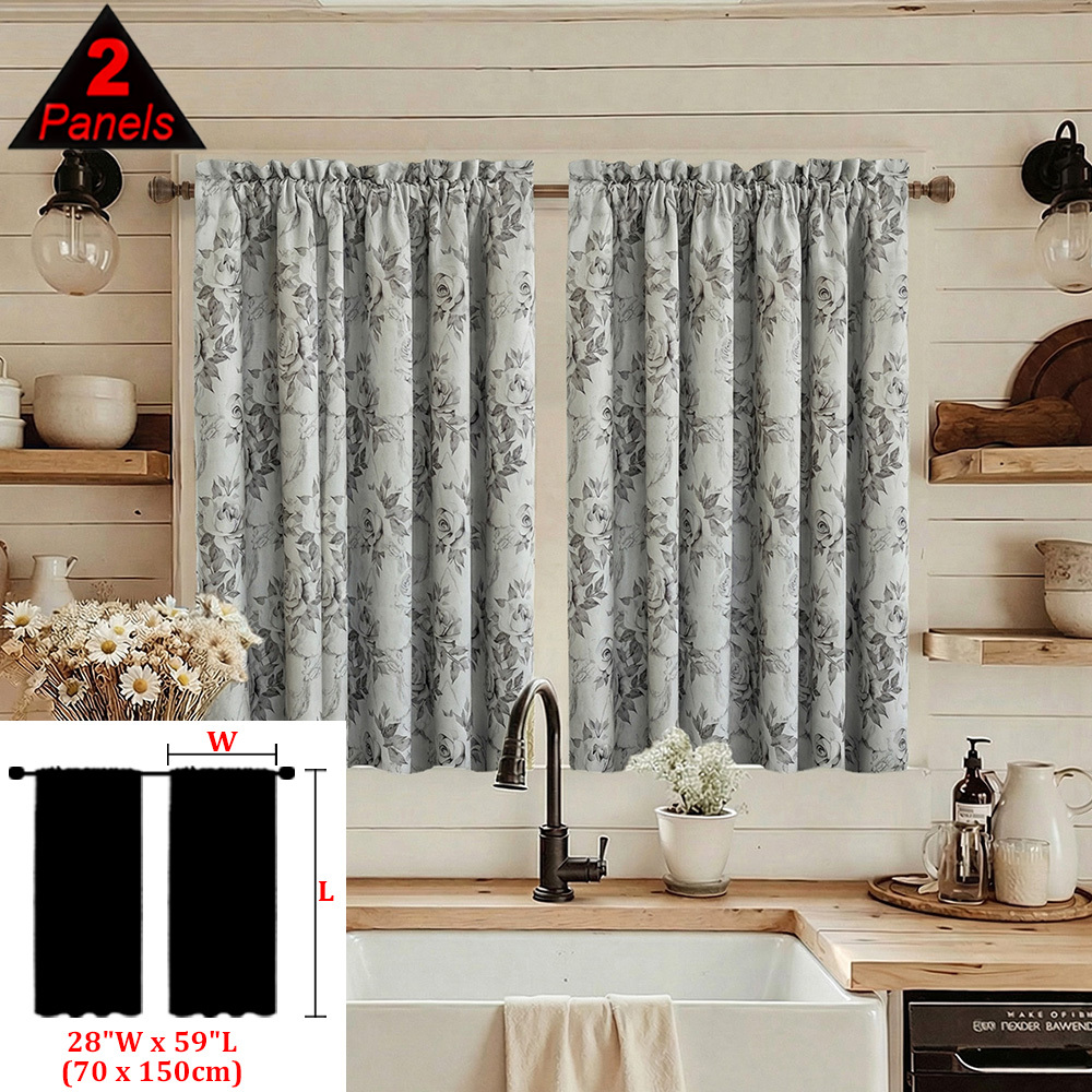 TEMU 2pcs Set Gray Print Kitchen Blackout Curtains, A Pair Of Small Curtains Featuring Exquisite Pattern Printing, Fade-resistant, With Pleated Rod