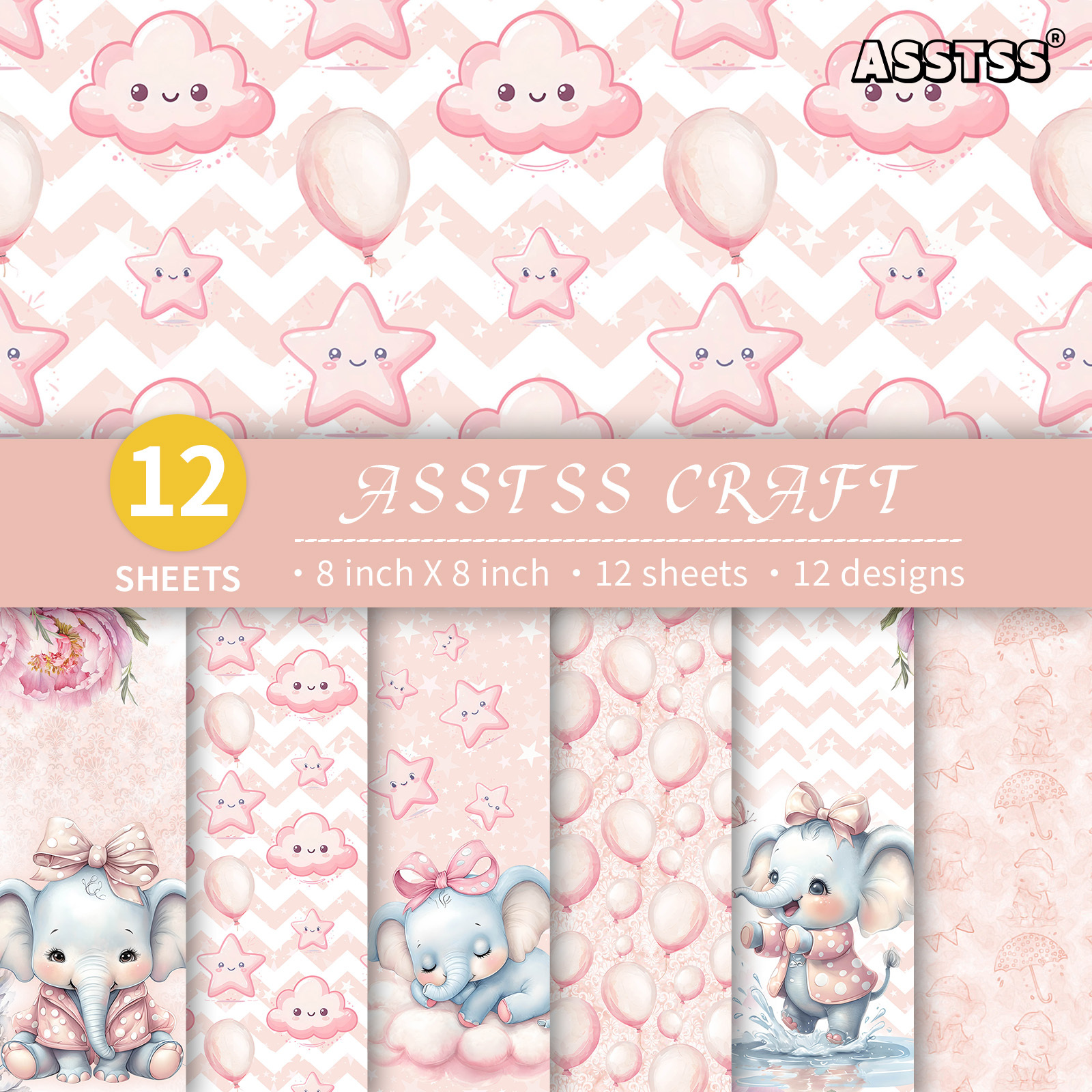 TEMU Lot de 12 feuilles de papier scrapbooking ASSTSS de 8 X 8 pouces, papier de base rose tendance avec éléphant de bébé et style de fête de