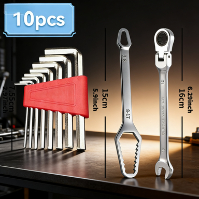 TEMU 10pcs Wrench Tool Set, Material, 180° Rotating Double-ended Head Combination Wrench, Precision Gear Is More Practical With Reversible Adjustable