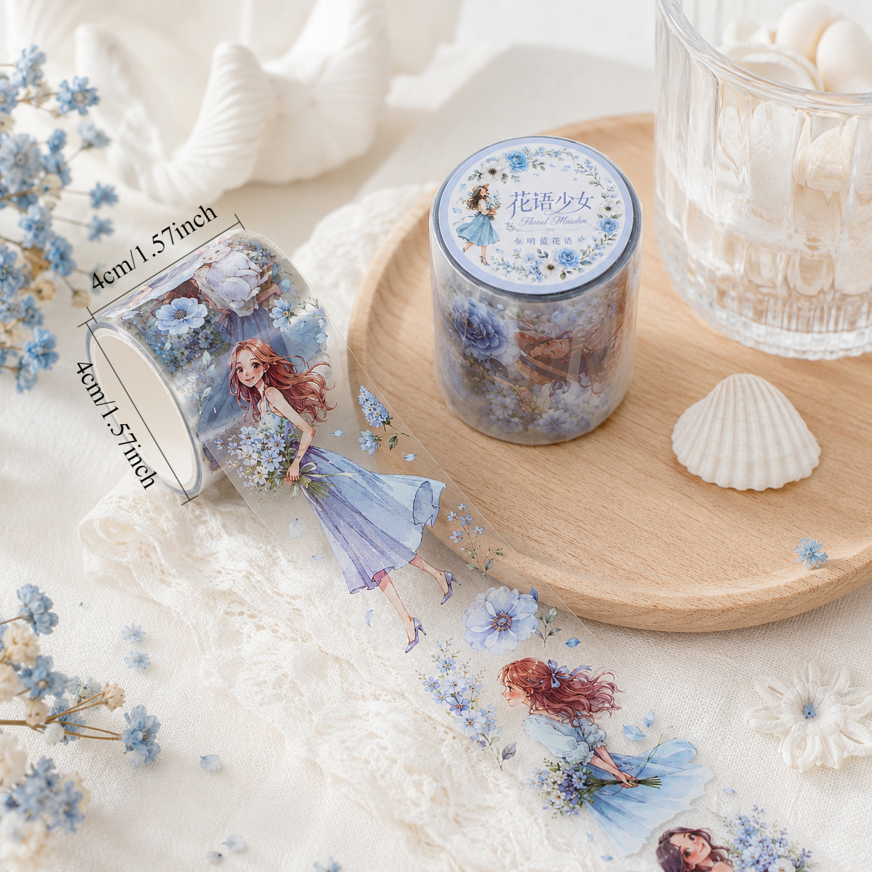 TEMU 1 Roll Wide Pet Tape Suitable For Scrapbooking, Junk Journals & Planner Stickers - Transparent Blue Floral Transparent Wide Tape With Irregular