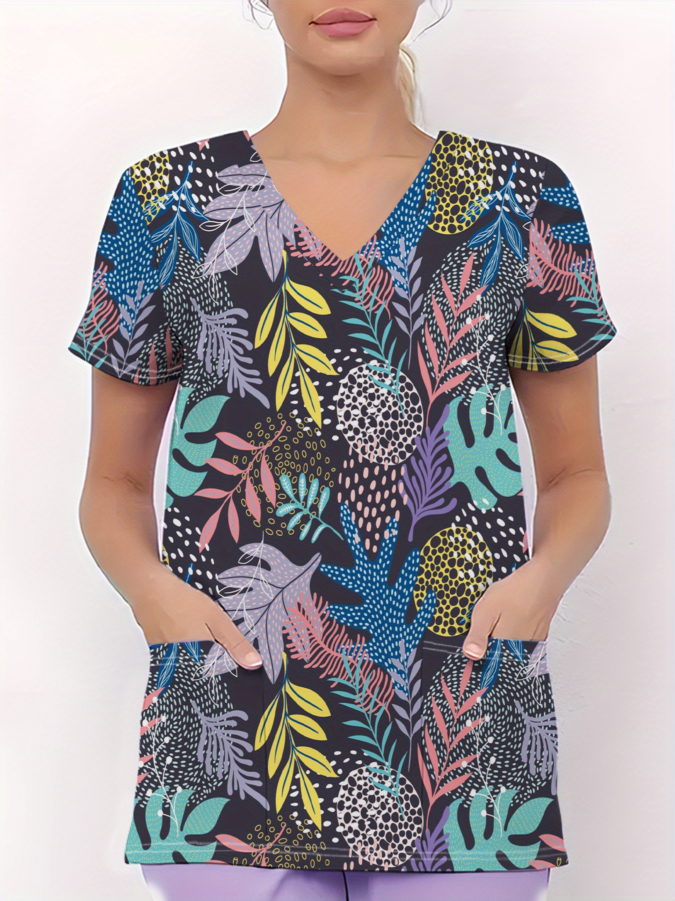 photo de l'article   taille -   taille - uniforme dinfirmière pour femmes, t-shirt imprimé motif tropical  , lavable en machine,   et élastique, t-shirt décontracté et confortable à col   avec poches, vêtements de mode pour femmes  