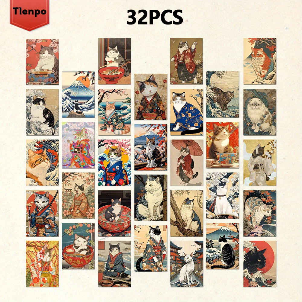32pcs Retro Japanese Cat Postcards For Scrapbooking/wall Decors/greeting Cards/mail/commemorative Cards, Decorative Cards For Birthdays, Events, Parties & School Supplies (accessories Not Included)