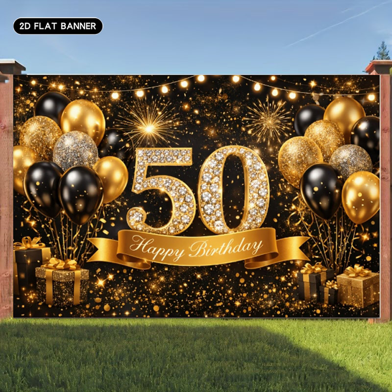 TEMU 2d Flat, 1pc 50th Birthday Banner Suitable For Parties - Elegant Black & Backdrop With Gift Box Patterns, Golden Glitter Decoration, No