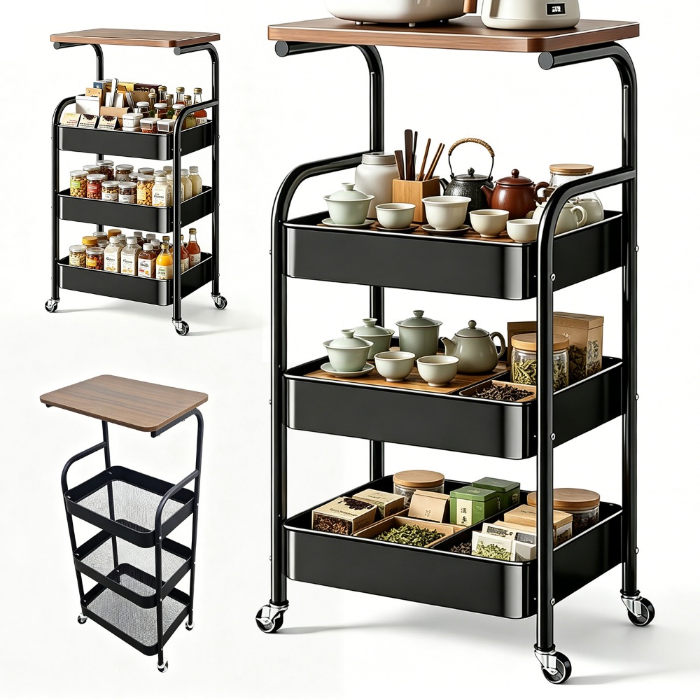 3-tier Metal Rolling Kitchen Trolley Wooden With Lockable Casters Heavy Duty Mobile Storage Cart Multipurpose Organizer Shelf For Home Bedroom Office Daily Sundries Arrangement