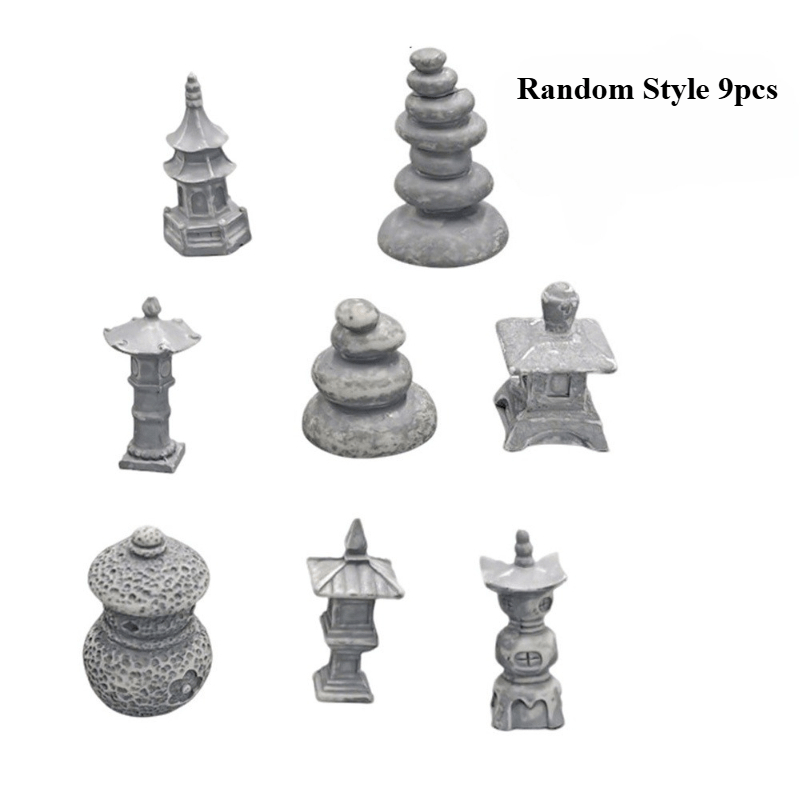 TEMU 9pcs Random Style Zen-inspired Micro Landscape Stone Ornaments, Multi-style Stone Pagodas, Water And Land Tanks, Potted Plants, Sand Tables,