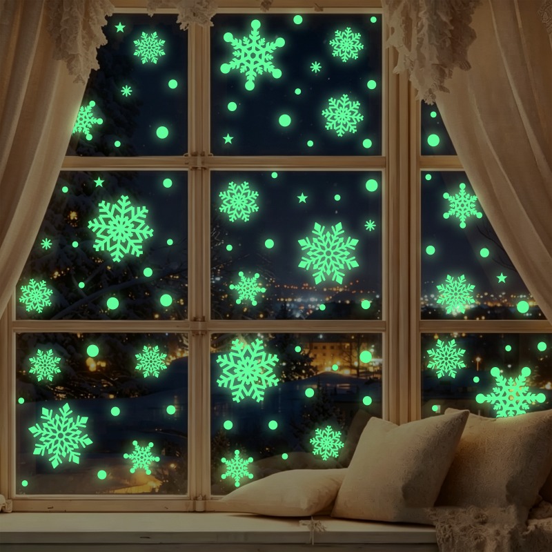 TEMU Double-sided Removable 78pcs Glowing Snowflake Window Clings Christmas Party Decoration, Suitable For Shop Windows, Living Rooms, Bedrooms, And