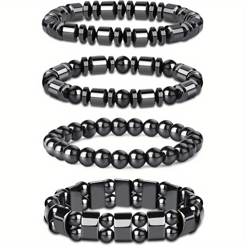TEMU 4pcs Black Round Smooth Hematite Beads Adjustable Men And Women Elastic Bangles |perfect For Stylish Casual Attire|yoga & Sports