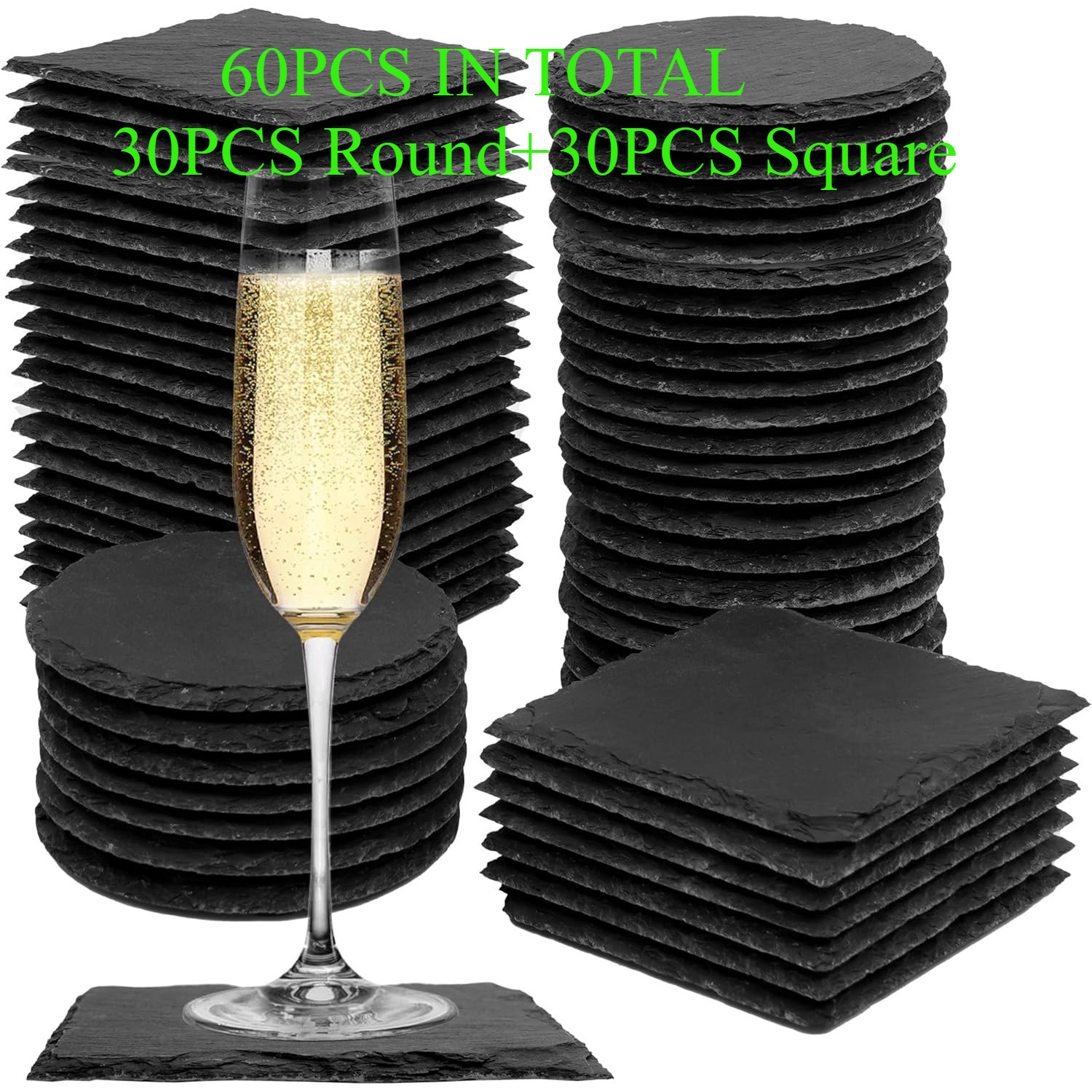 Image of 60pcs Slate Coasters For Drinks Engraved 30pcs Round+30pcs Square Slate Coaster Natural Stone Coasters Bulk Rustic Coaster Anti-scratch Backing For Bar Kitchen Home Apartment Gifts Diy