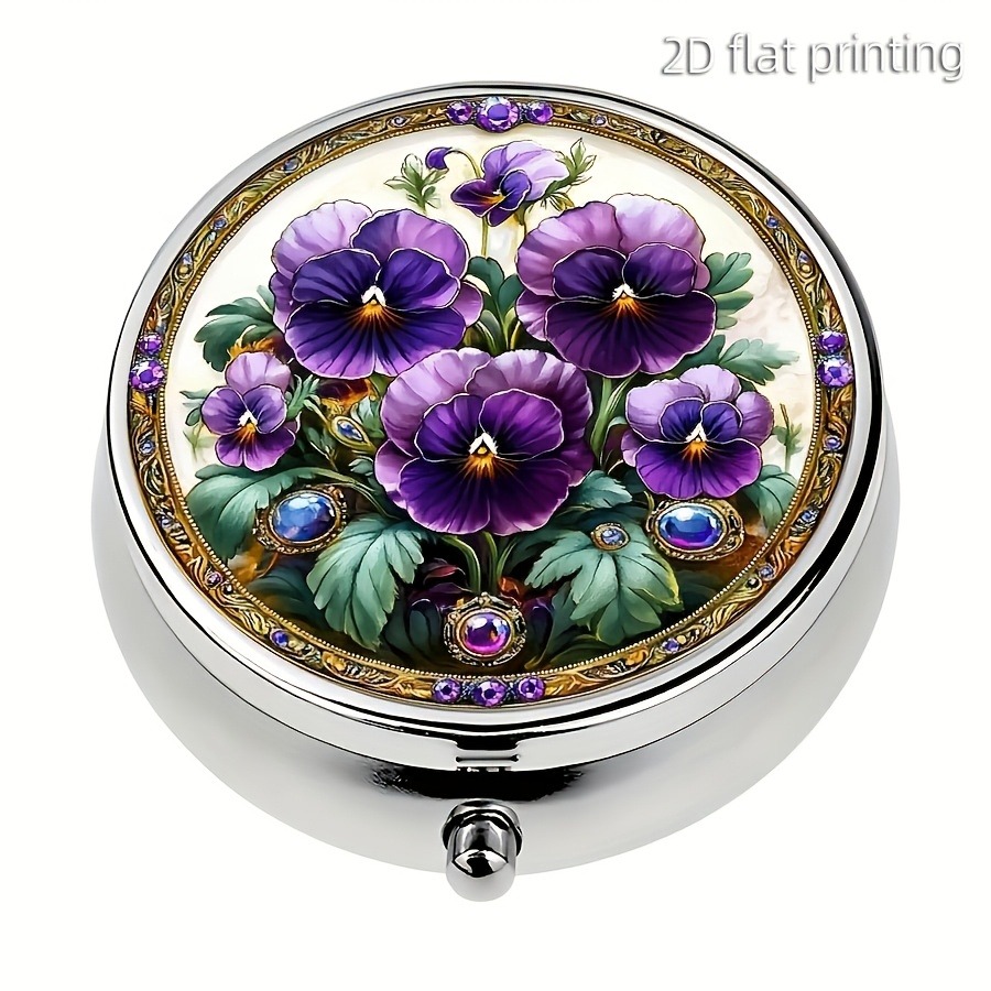 TEMU 1 pz, Portapillole piatto 2D con fiori viola, Portapillole a 3 scomparti, Mini organizer per pillole, Portapillole da portafoglio, Portapillole