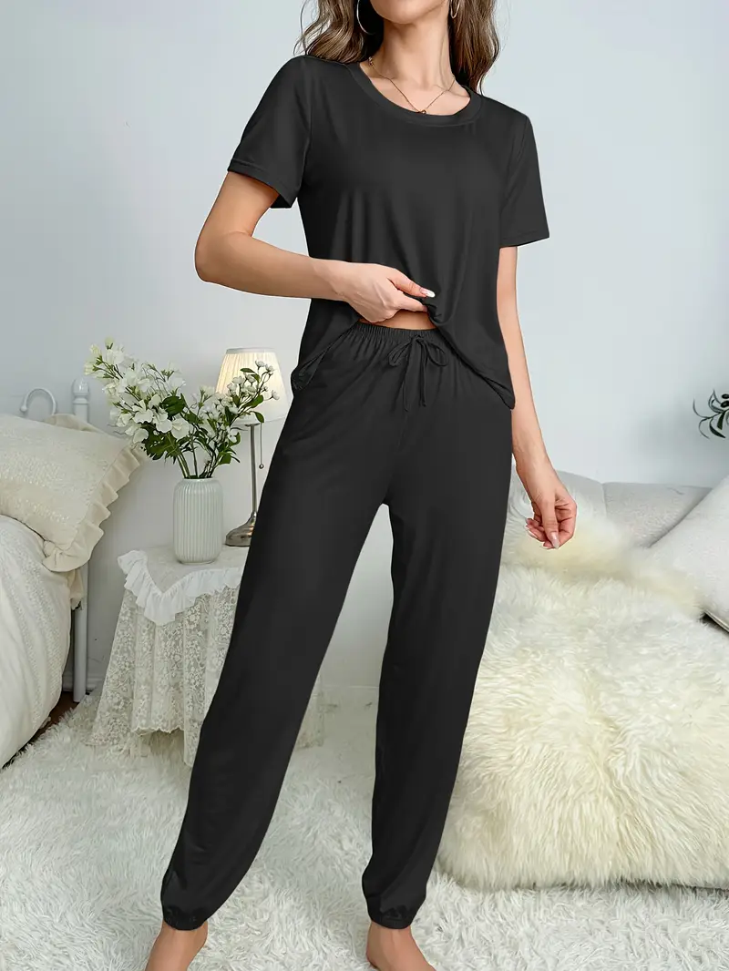 3 sets of 6pcs womens casual polyester black blue red top and trousers pajama set solid color fabric short sleeve top with trousers casual loungewear sexy outside Product details 3