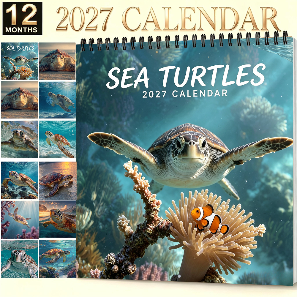 TEMU 1pc 2027 Sea Turtles Wall Calendar - Monthly Ocean Animal Calendar Suitable For Home Office Classroom Decor, Underwater Scenery With Sea , Dated
