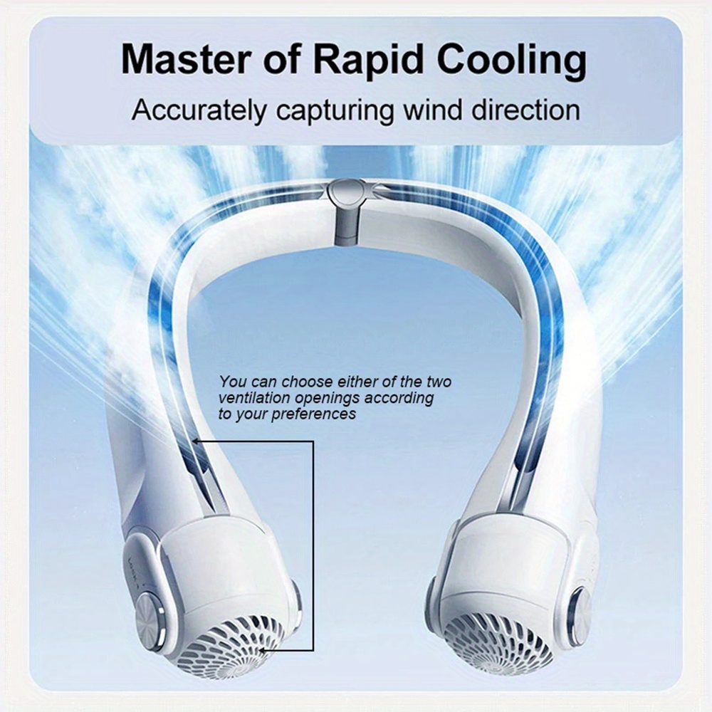 Portable Rechargeable Hanging Neck Fan, 3 Speed Wind Speed Up to 5.9m/ s Wearable FanHigh Battery Life Cooling Neck Fan for OutdoorSports