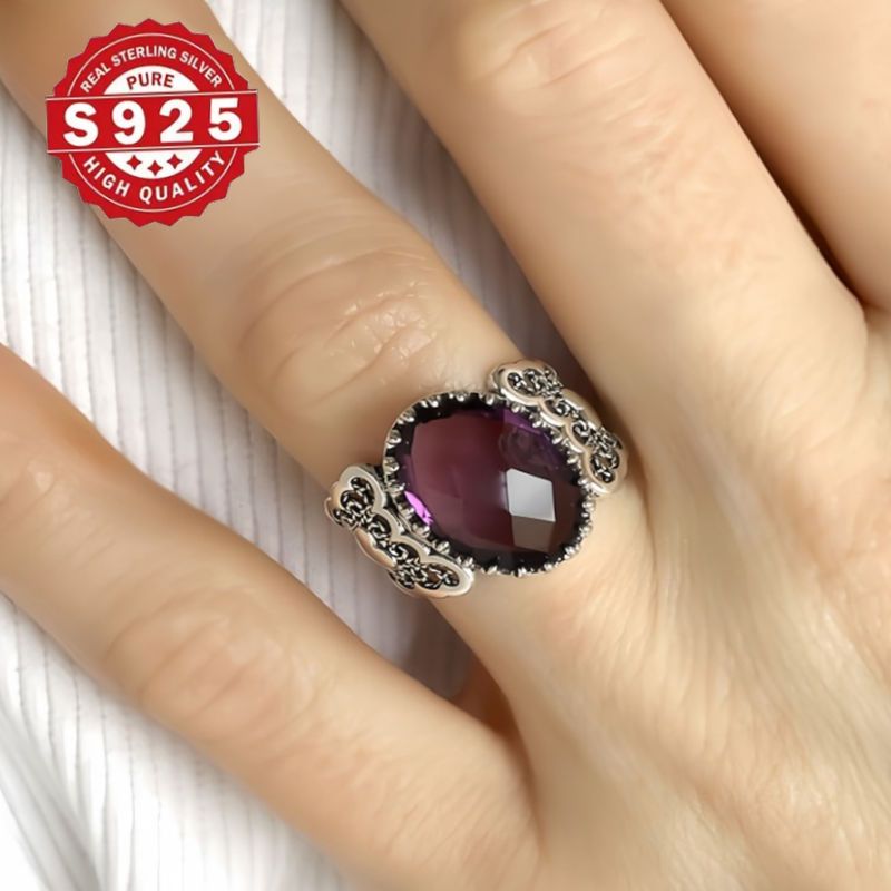 handcrafted 925 sterling silvery cocktail ring with amethyst gemstone vintage boho   for weddings parties details 5