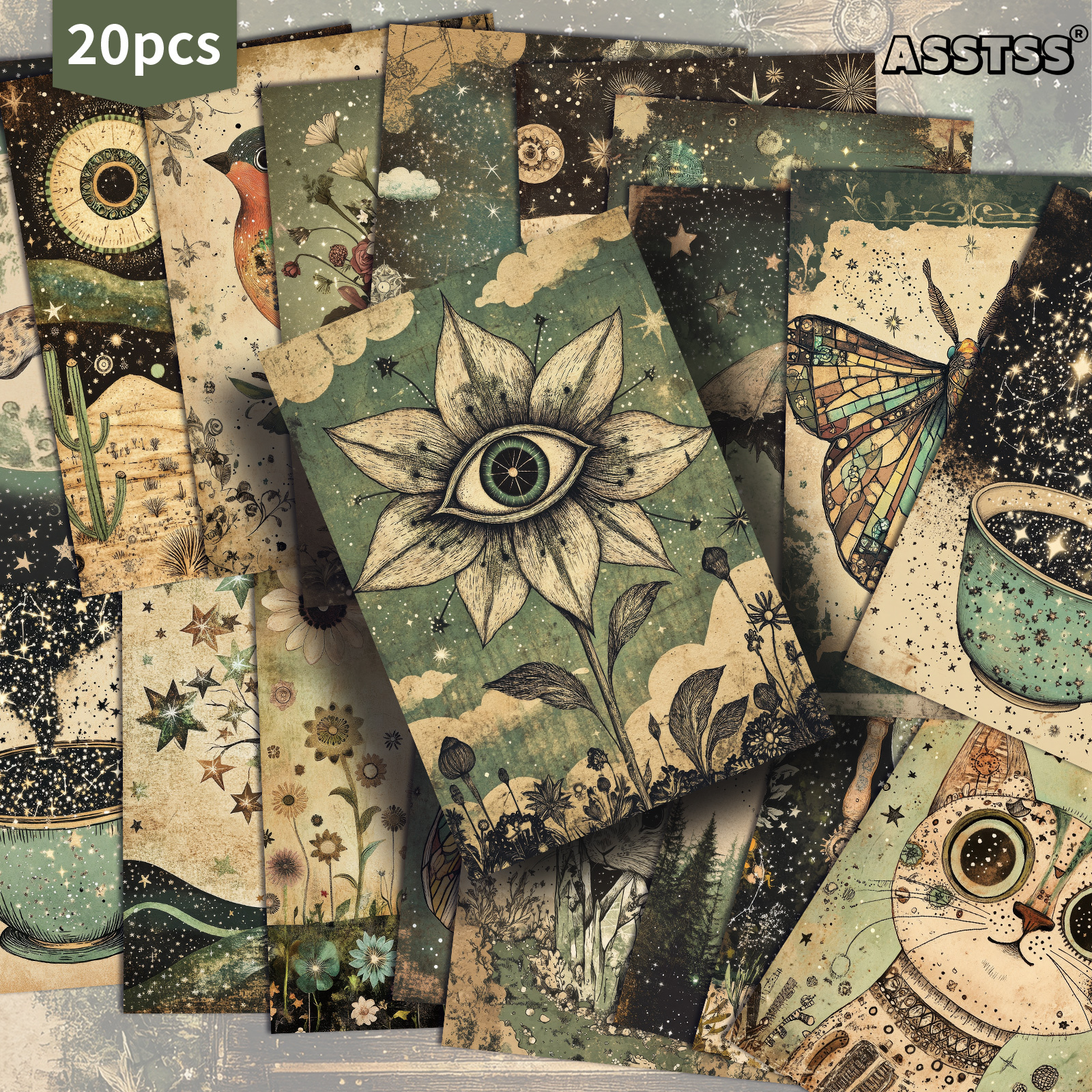 TEMU 20-pack Asstss Retro Fantasy Starry Night Gift Card | 4x6 Inches Retro Junk Journal Paper With Classic Pinup Illustrations, Collectible