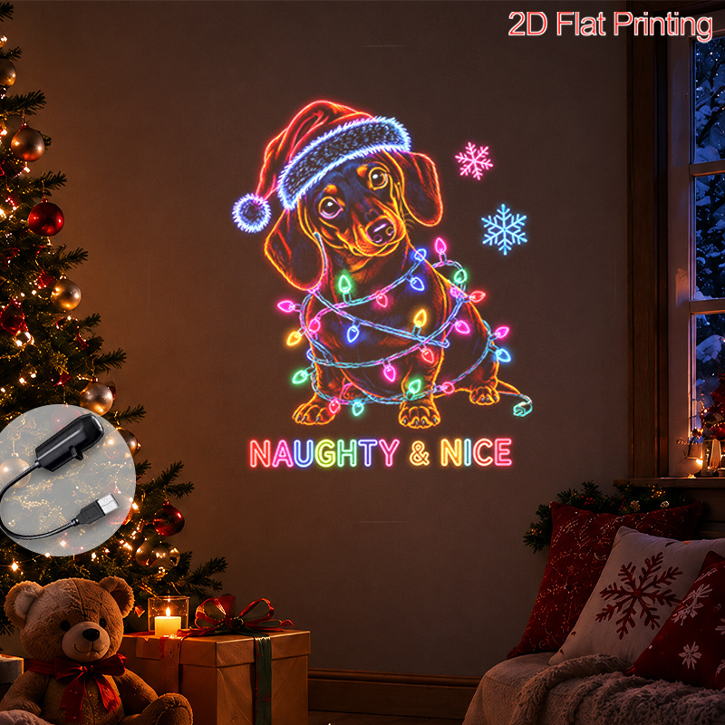 TEMU 1pc 2d Flat Portable Projector Lamp With Festive Dachshund In Santa Hat Snowflakes Naughty & Nice For Christmas Home Party Celebrations Usb