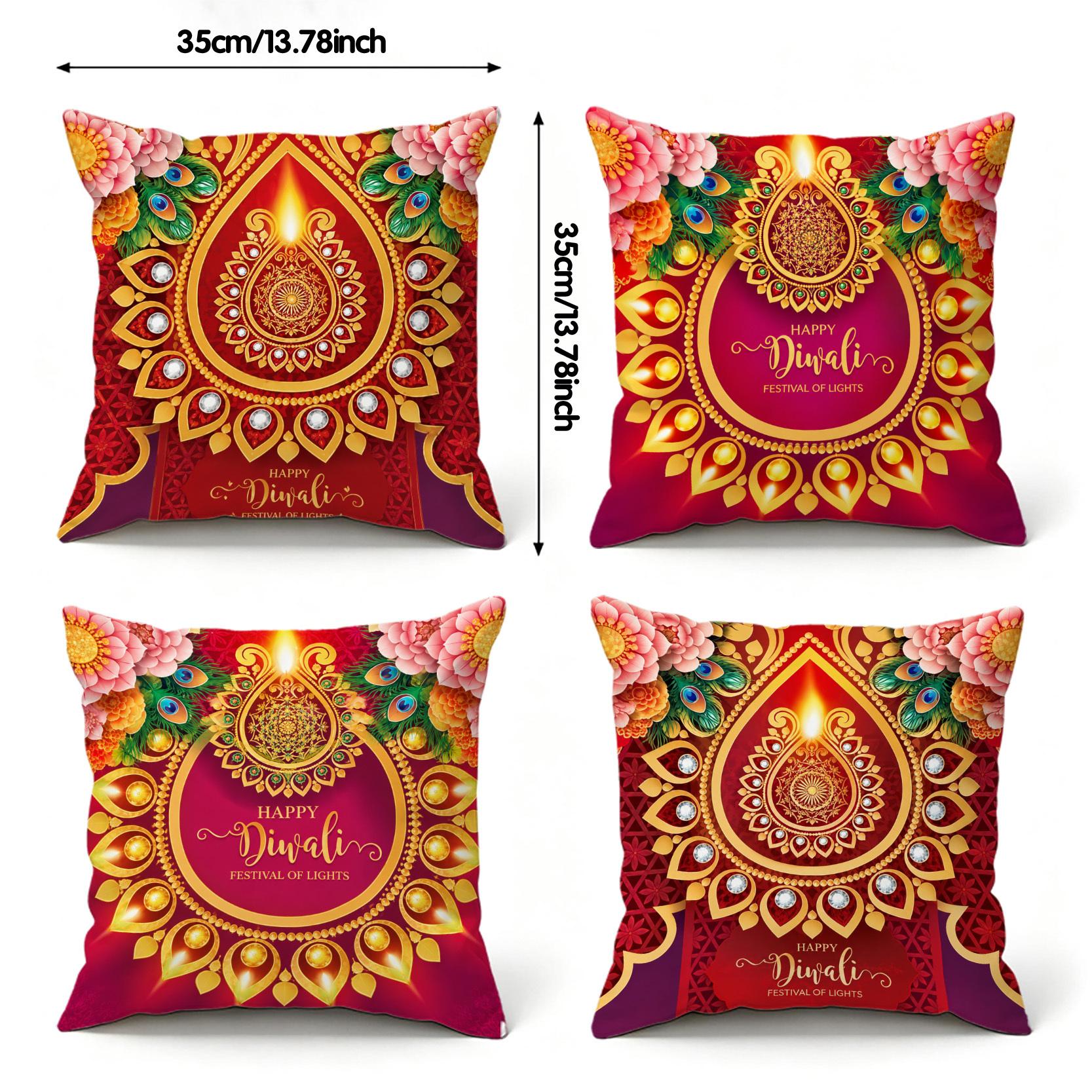 TEMU 4pcs, Ethnic Style Pillowcases, With Diwali Oil Lamp, Peacock Floral Mandala Pattern Print Design, Diwali Holiday Theme Home Decor Pillowcases,