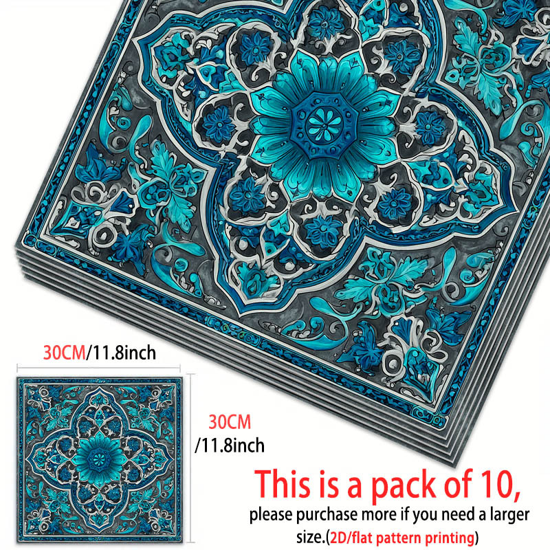 TEMU 10pcs Self-adhesive Moroccan Mosaic Vinyl Tiles - Pvc Sheets With Green Moroccan Pattern, Ideal For Home Flooring, And (bedroom, Kitchen, Living