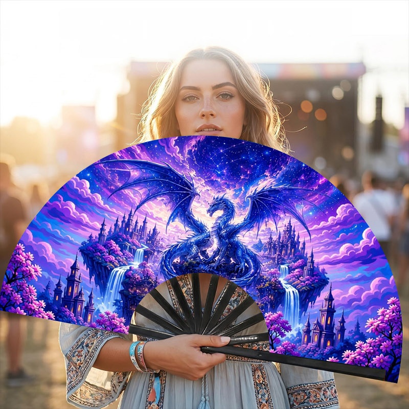 TEMU 1-pack Portable Folding Fan With Magical Blue Dragon & Fantasy Castle Starry Sky - 13-inch Snap Fan Suitable For Outdoor, Parties, Picnics,