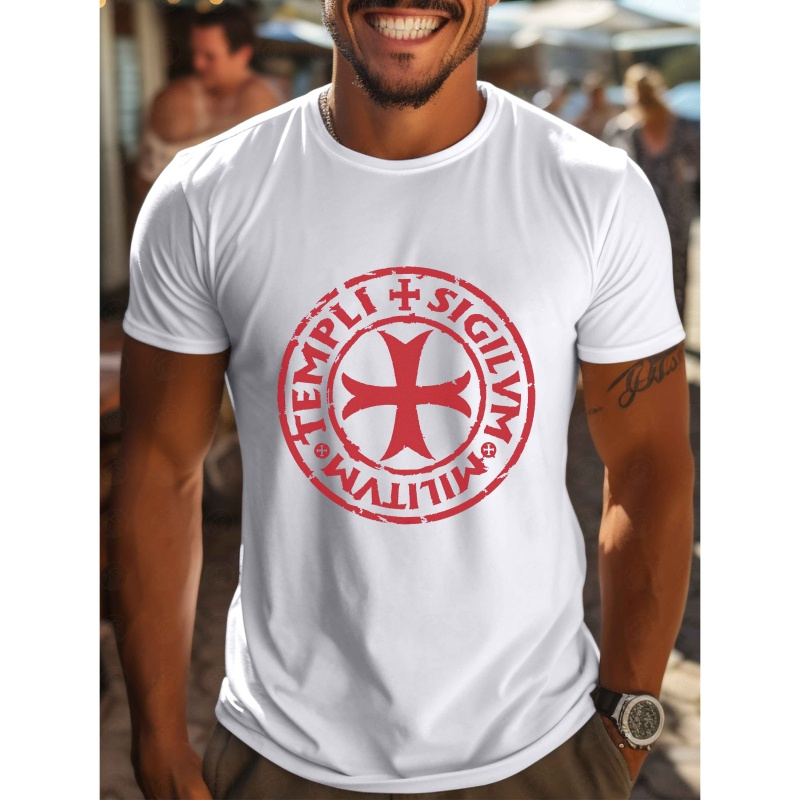 

T-shirt Chevaliers Templiers pour Hommes - en Polyester à Manches Courtes avec Design de Croix Rouge, Lavable en Machine pour d'Été