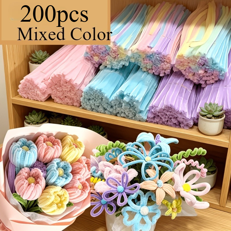 TEMU 200pcs Mixed Color Chenille Sticks - Hand Knitting, Twisted Yarn Hand Yarn, Colorful, Multifunctional And Easy To Bend Soft Flexible Tube-like