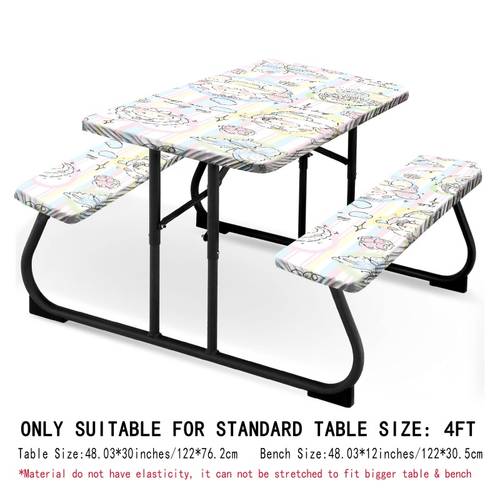 a set of cute patterned camping table and chair combinations including three sizes 4 feet 6 feet 8 feet the table and chair structure is stable covered with elastic fabric