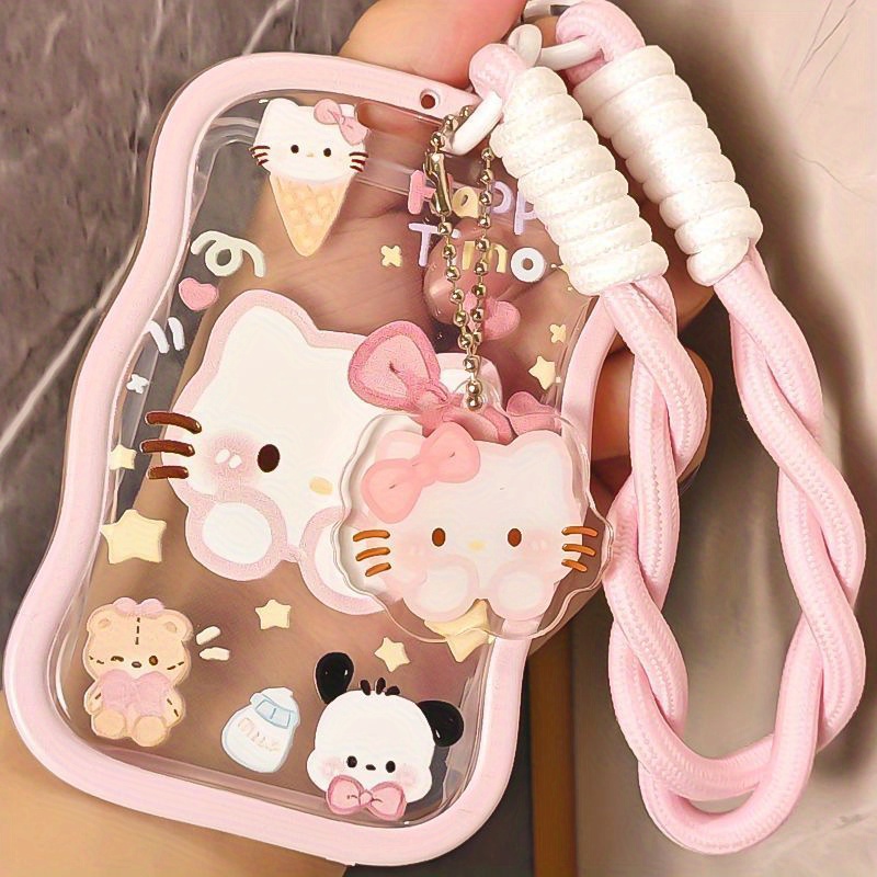 

Pour porte-badge en silicone Hello Kitty avec cordon et porte-clés, étui pour carte d'identité de de dessin sous licence officielle avec breloque, étui de carte transparent avec dragonne