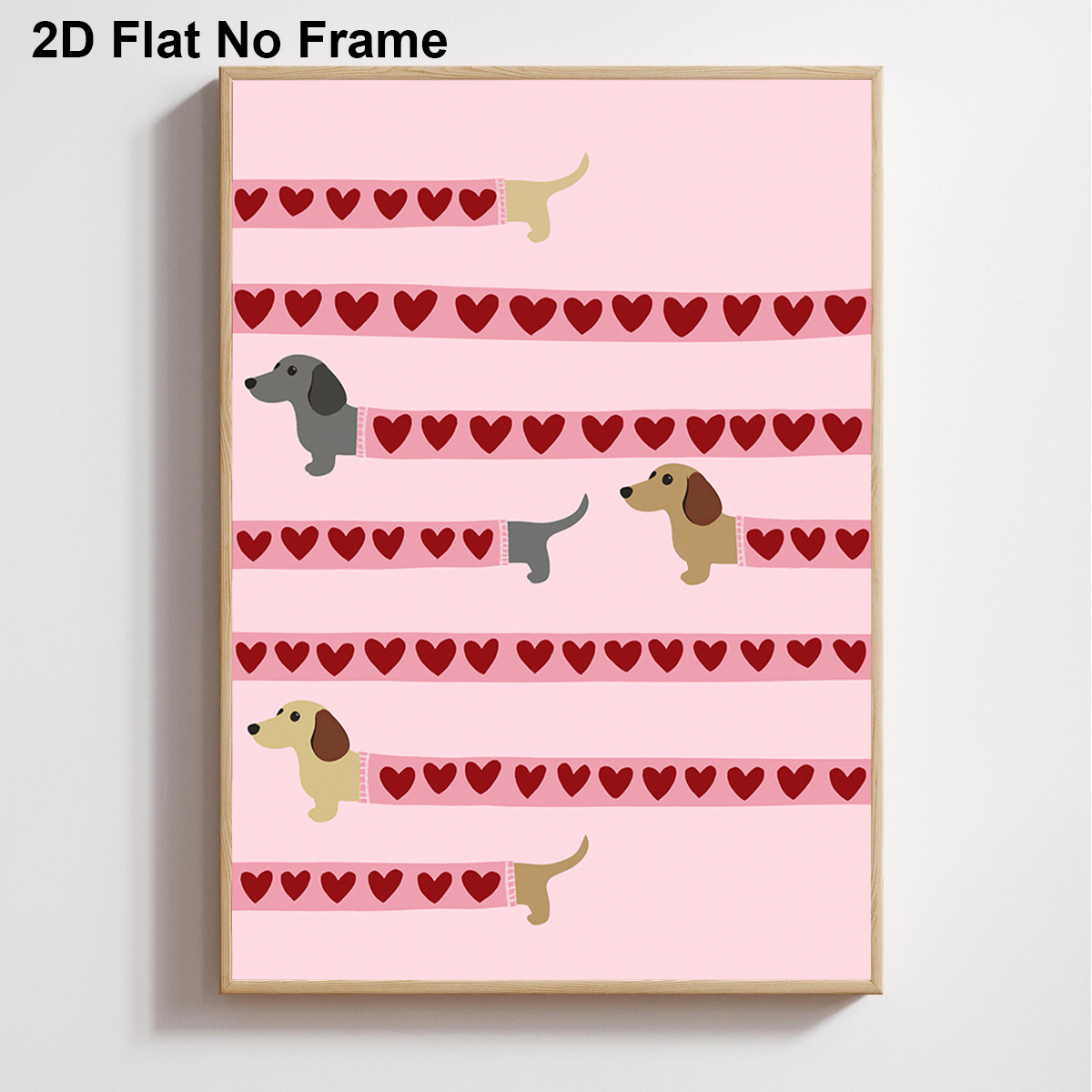TEMU 2D Flach, 1 Stück rahmenloses Leinwandposter, Niedliche Dackel in Herz-gemusterten Pullovern auf rosa gestreiftem Hintergrund, Süße Tierkunst,