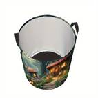 1pc Laundry Basket - Mushroom Forest Design with Glowing Mushrooms & Cottage - Heavy-Duty Polyester Laundry Hamper - Handles for Bathroom, Bedroom, Kitchen - Decorative Storage Organizer Basket - Ideal Housewarming Gift, , Whimsical Design, Durable Polyester, Bedroom Decor, Sturdy Construction, Small , 2D Flat, Laundry Hampers