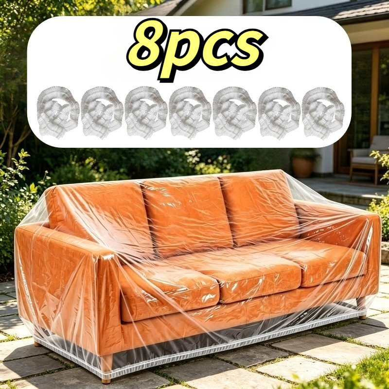 TEMU 8pcs Transparent Elastic Patio Furniture Dust Covers, Expandable Extra Large Plastic Sofa Covers, Reusable Transparent Protective Storage Bags,