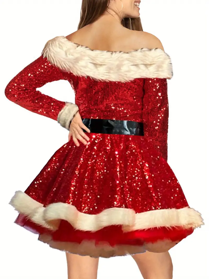 off the shoulder santa dress No Boundaries Off The Shoulder Christmas Holiday Dress with Faux Fur, Women's