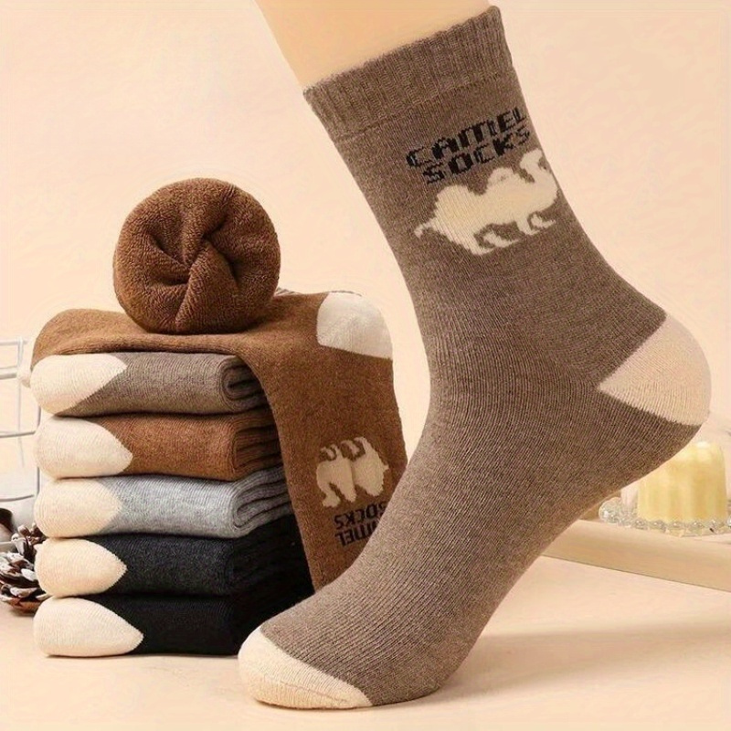 

Men's 5-pack Camel Pattern Knit Polyester Socks - Winter Animal Design, Warm Plush Terry Loop, Hand Wash Only - Fits All